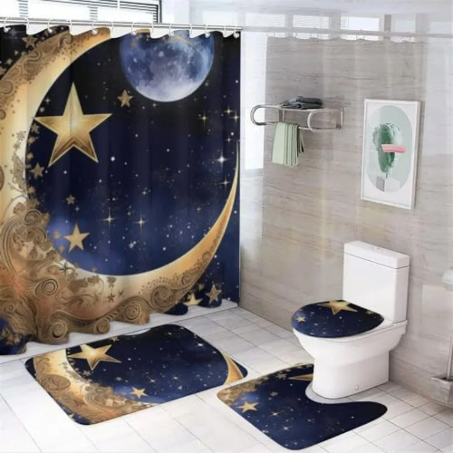 4 Pcs Bathroom Shower Curtain Set with Rugs in Moon Star Design for Bathroom Decor Includes Bath Mat U Shape Toilet Lid Cover M
4 Pcs Bathroom Shower Curtain Set with Rugs in Moon Star Design for Bathroom Decor Includes Bath Mat U Shape Toilet Lid Cover M