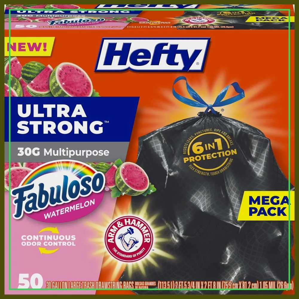 30 Gallon Trash Bags, Large Garbage Bags with Drawstring, Leak and Tear Resistant, Black, Watermelon Scent, 50 Count
30 Gallon Trash Bags, Large Garbage Bags with Drawstring, Leak and Tear Resistant, Black, Watermelon Scent, 50 Count