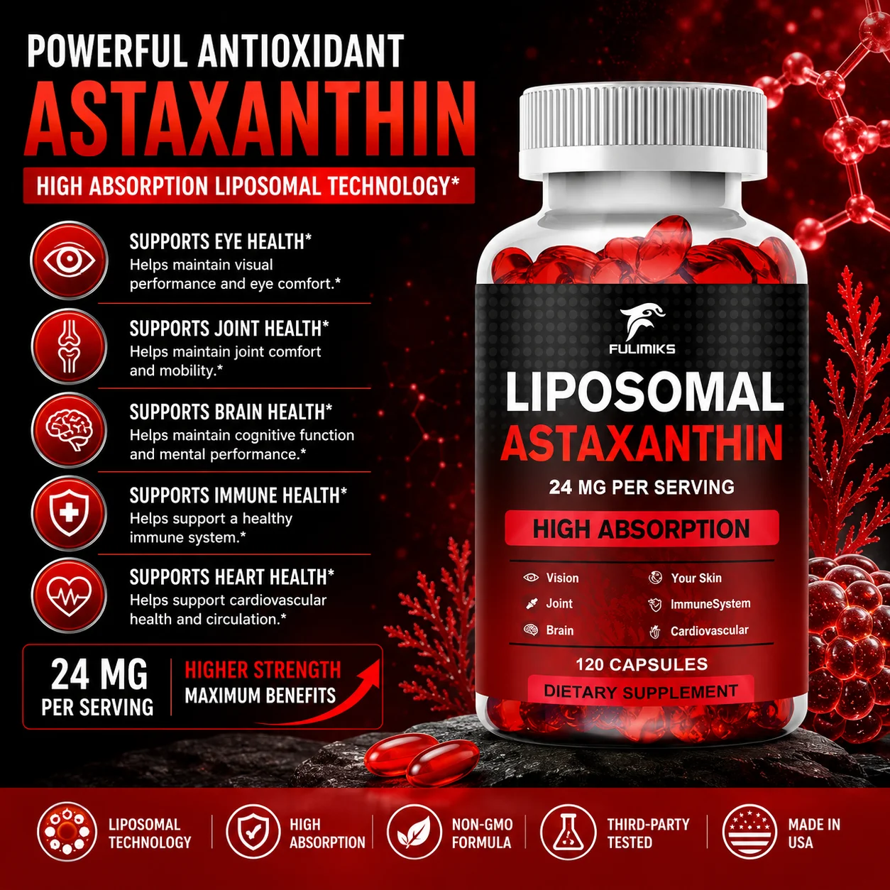 High Absorption Liposomal Astaxanthin Supplement, Natural Haematococcus Pluvialis & Sunflower Lecithin, Promote Skin & Immune
High Absorption Liposomal Astaxanthin Supplement, Natural Haematococcus Pluvialis & Sunflower Lecithin, Promote Skin & Immune