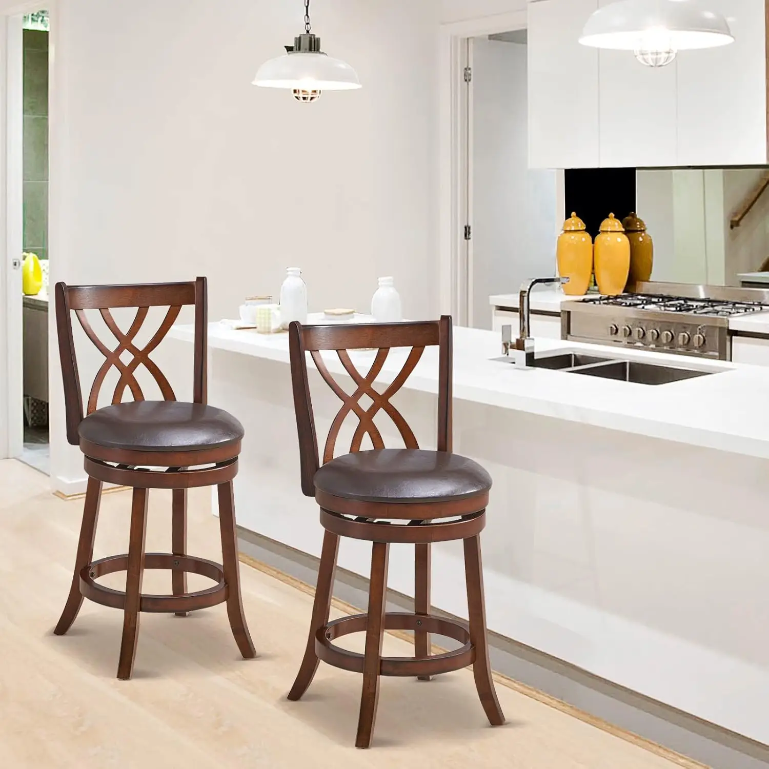 Bar Stools Set of 2, 360° Swivel Chairs with Rubber Wood Frame, 26 Inches PU Leather Cushioned Seat and Footrests
Bar Stools Set of 2, 360° Swivel Chairs with Rubber Wood Frame, 26 Inches PU Leather Cushioned Seat and Footrests