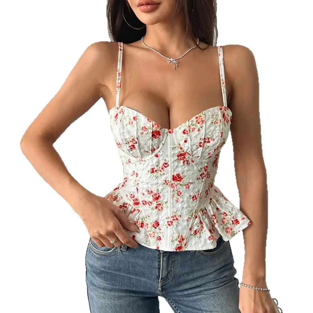 Vintage Corset Top Spring Summer Floral Print Asymmetrical Ruffles Slimming Fit New Arrival Sexy Open Back Tie Front Wrap Top
Vintage Corset Top Spring Summer Floral Print Asymmetrical Ruffles Slimming Fit New Arrival Sexy Open Back Tie Front Wrap Top