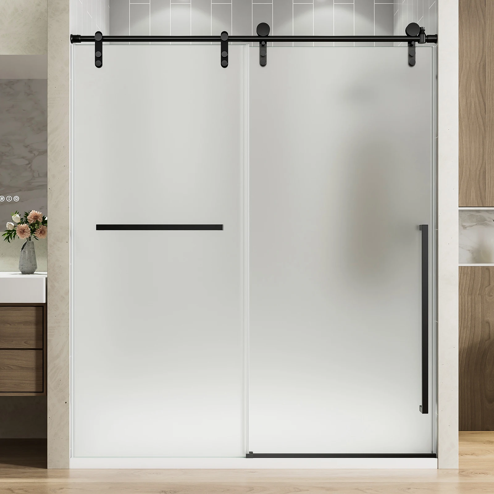 Adjustable 56~60"W×75"H Frameless Shower Enclosure, Frosted Tempered Glass with Nano Coating, 4-Inch Cuttable Rail, Reversible Installation
Adjustable 56~60"W×75"H Frameless Shower Enclosure, Frosted Tempered Glass with Nano Coating, 4-Inch Cuttable Rail, Reversible Installation