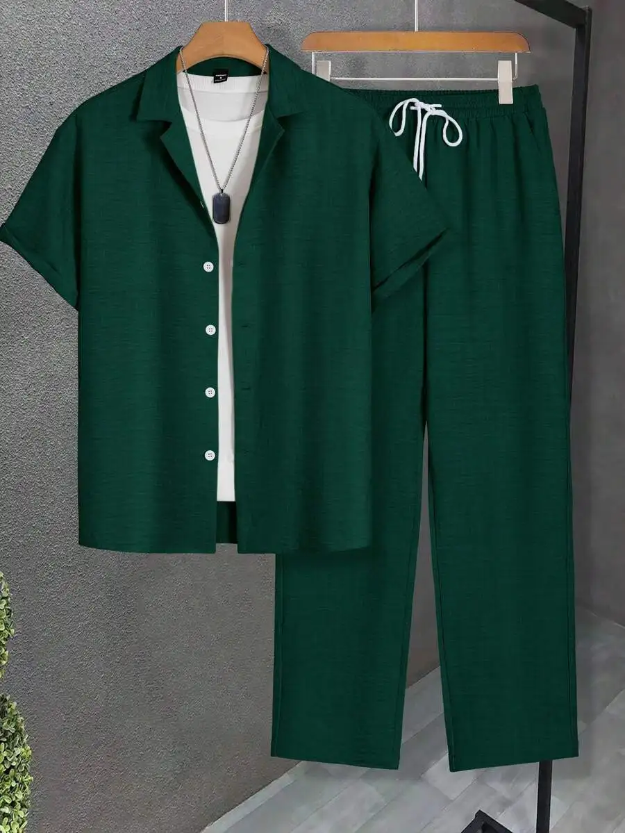 Mens Summer Solid Color Short Sleeve Shirt And Long Pants Two Piece Casual Set
Mens Summer Solid Color Short Sleeve Shirt And Long Pants Two Piece Casual Set
