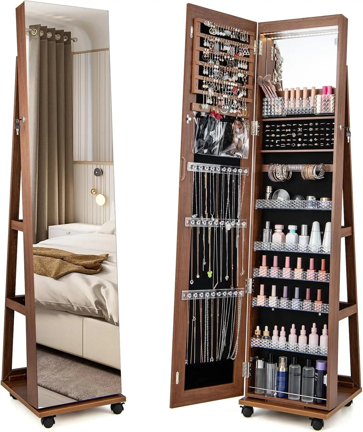Jewelry Armoire, Lockable Jewelry Cabinet with Wheels, 3-Color LED Lights, Full Length Mirror, Height Adjustable Shelves, Inner Mirror,(Walnut)
Jewelry Armoire, Lockable Jewelry Cabinet with Wheels, 3-Color LED Lights, Full Length Mirror, Height Adjustable Shelves, Inner Mirror,(Walnut)