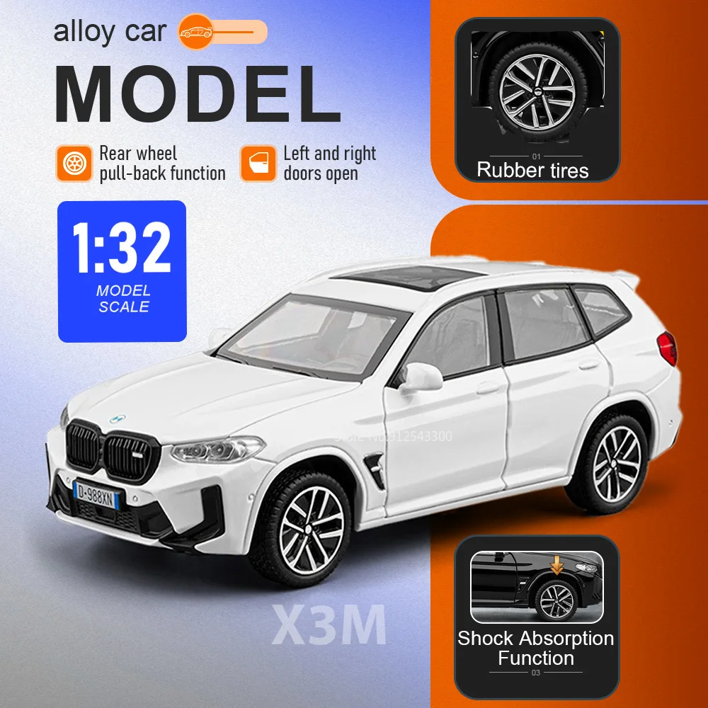 Модель автомобиля 1:32 X3M M4, игрушка с открывающимися дверями, звуком и светом, миниатюрная модель, откатывающаяся машинка из литого сплава, уникальный подарок для парня
Модель автомобиля 1:32 X3M M4, игрушка с открывающимися дверями, звуком и светом, миниатюрная модель, откатывающаяся машинка из литого сплава, уникальный подарок для парня