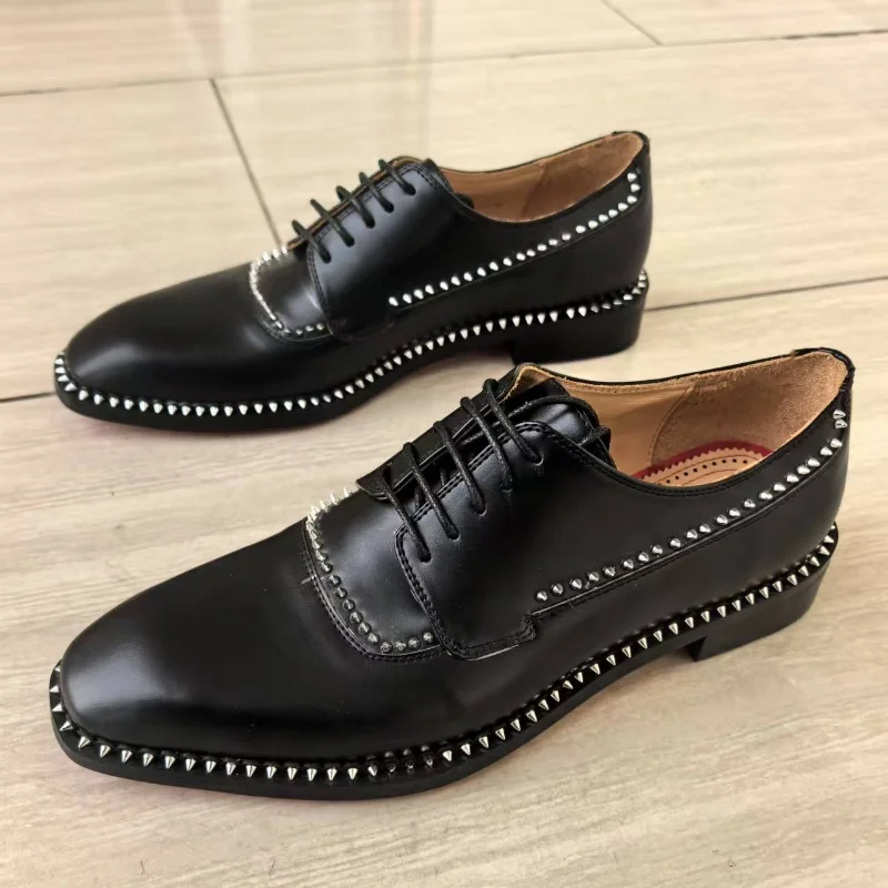 SHOOEGLE Black Leather High Quality Rivets Handmade Loafers New Business Square Toe Wedding Party Young Lace Up Office Shoes
SHOOEGLE Black Leather High Quality Rivets Handmade Loafers New Business Square Toe Wedding Party Young Lace Up Office Shoes