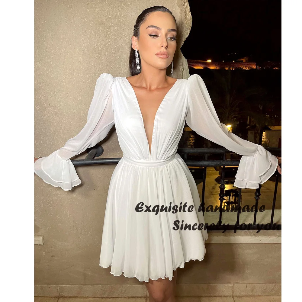 Simple White Chiffon Mini Wedding Party Dresses Long Sleeve V Neck Women Wedding Guest Dress Beach Short Bride Gowns
Simple White Chiffon Mini Wedding Party Dresses Long Sleeve V Neck Women Wedding Guest Dress Beach Short Bride Gowns