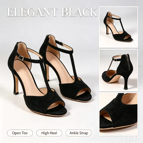 Elegant Women's High Heel Sandals Open Toe T Strap Faux Suede Back Zip Ankle Strap Dress Shoes for Wedding Bridal Evening Party Cocktail Prom Office Work Date Night Casual Summer Fashion Heeled Footwear Black Red Yellow Nude