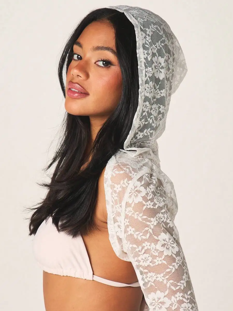 Lace Hooded Beach Cover Up Top With Long Sleeves Floral Pattern Summer Resort Pool Party
Lace Hooded Beach Cover Up Top With Long Sleeves Floral Pattern Summer Resort Pool Party