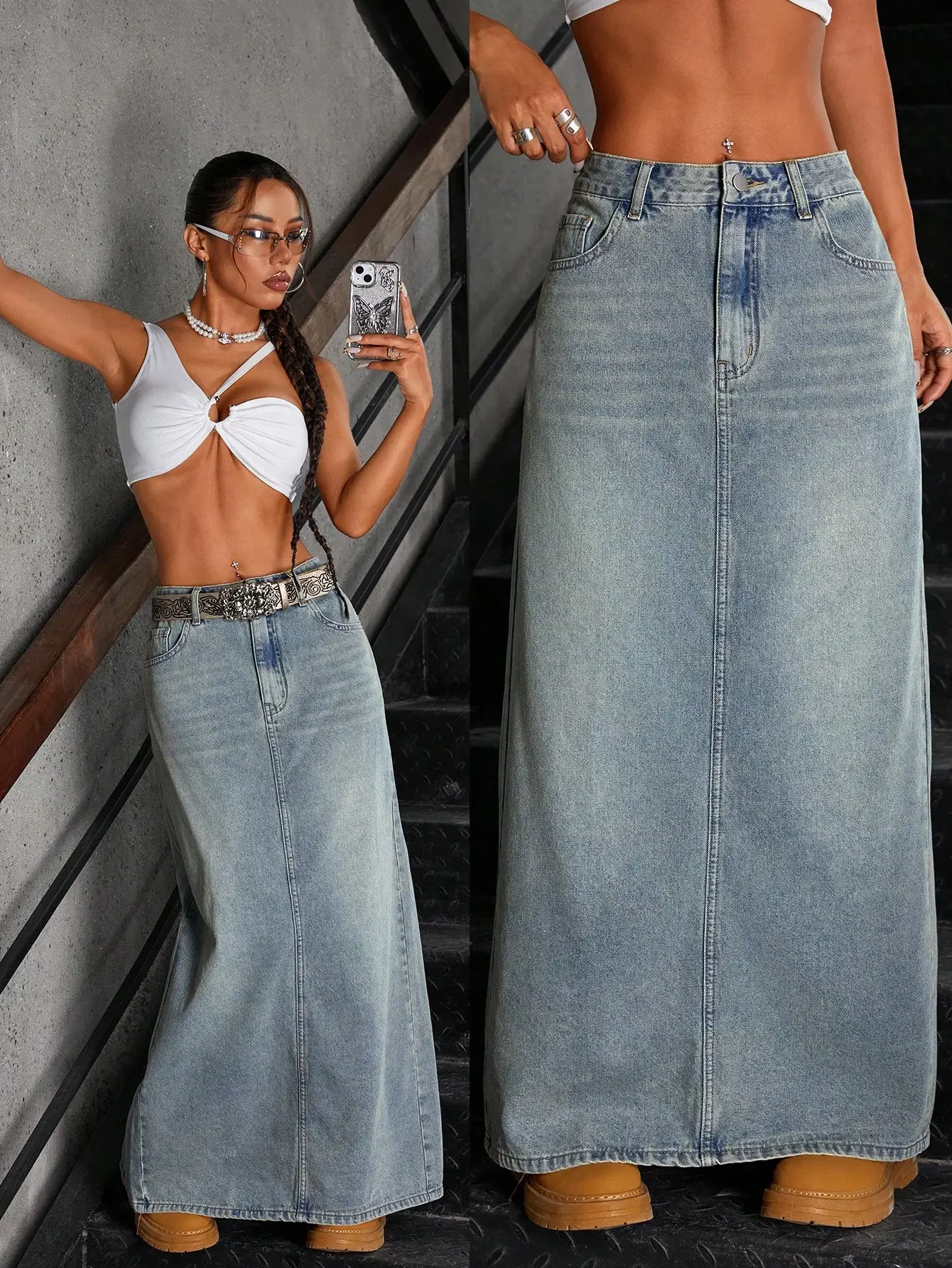 Women's Loose Fit Long Straight Denim Skirt with Pockets and Belt Loop
Women's Loose Fit Long Straight Denim Skirt with Pockets and Belt Loop