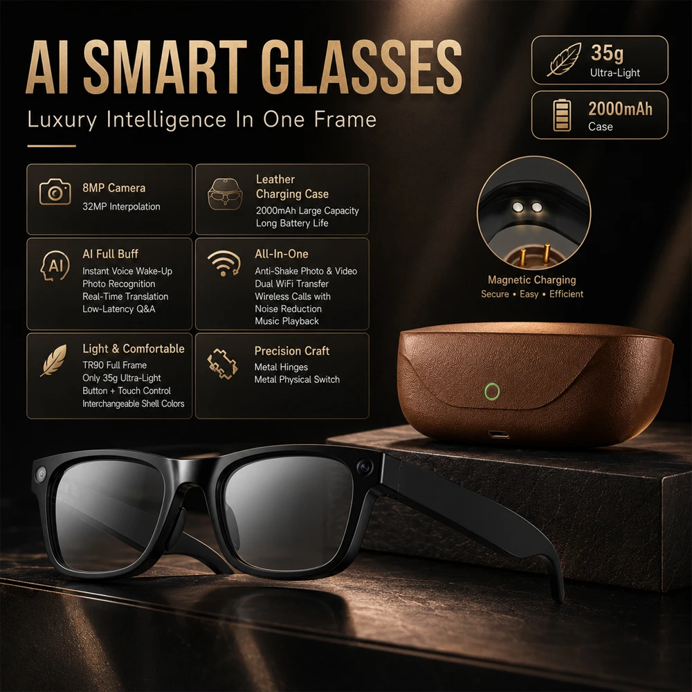 8MP 32MP Photo AI Translation Wireless Calls HD5 Ultra AI Camera Glasses 2000mAh Leather Case 35g TR90 Luxury Smart Wear
8MP 32MP Photo AI Translation Wireless Calls HD5 Ultra AI Camera Glasses 2000mAh Leather Case 35g TR90 Luxury Smart Wear