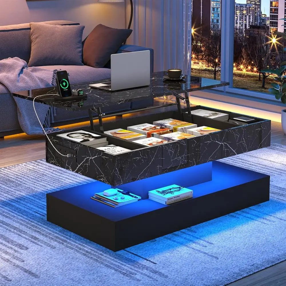 Black 39.4" Lift Top Coffee Table, High Gloss Surface with LED Lights, Storage and Charging Station for Living Room
Black 39.4" Lift Top Coffee Table, High Gloss Surface with LED Lights, Storage and Charging Station for Living Room