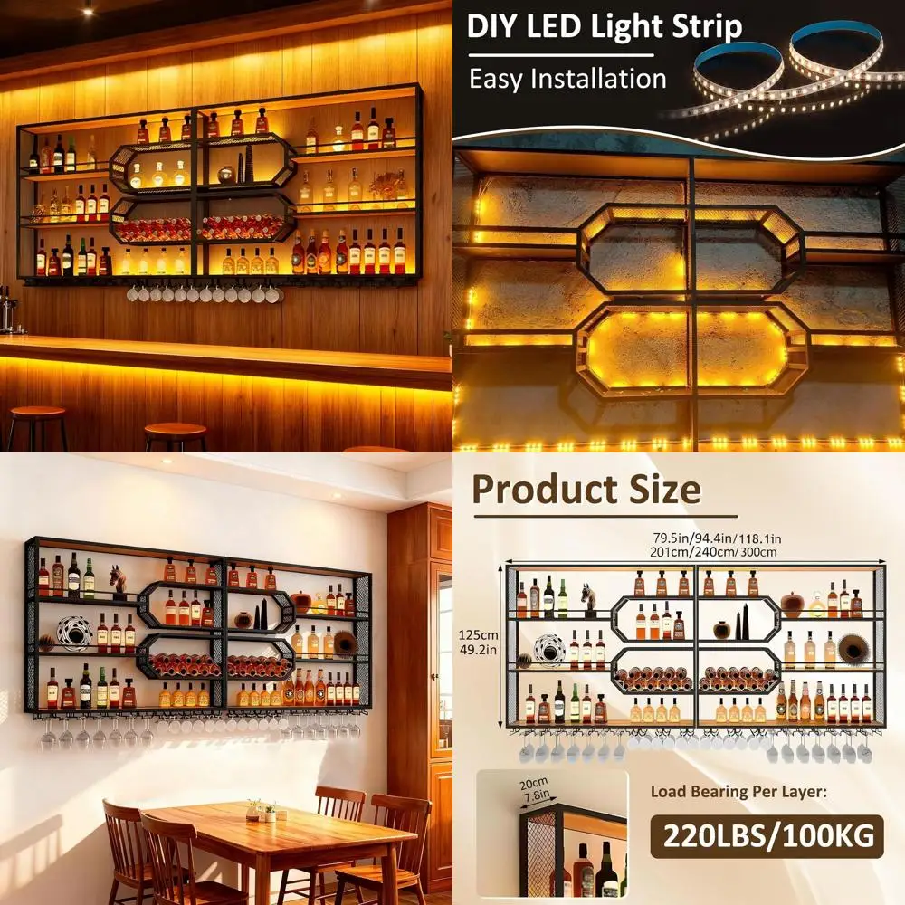 4-Tier Wall-Mounted Wine Rack with LED Light, Glass Holder, and Heavy-Duty Metal Floating Liquor Storage for Bar or Dining Room
4-Tier Wall-Mounted Wine Rack with LED Light, Glass Holder, and Heavy-Duty Metal Floating Liquor Storage for Bar or Dining Room