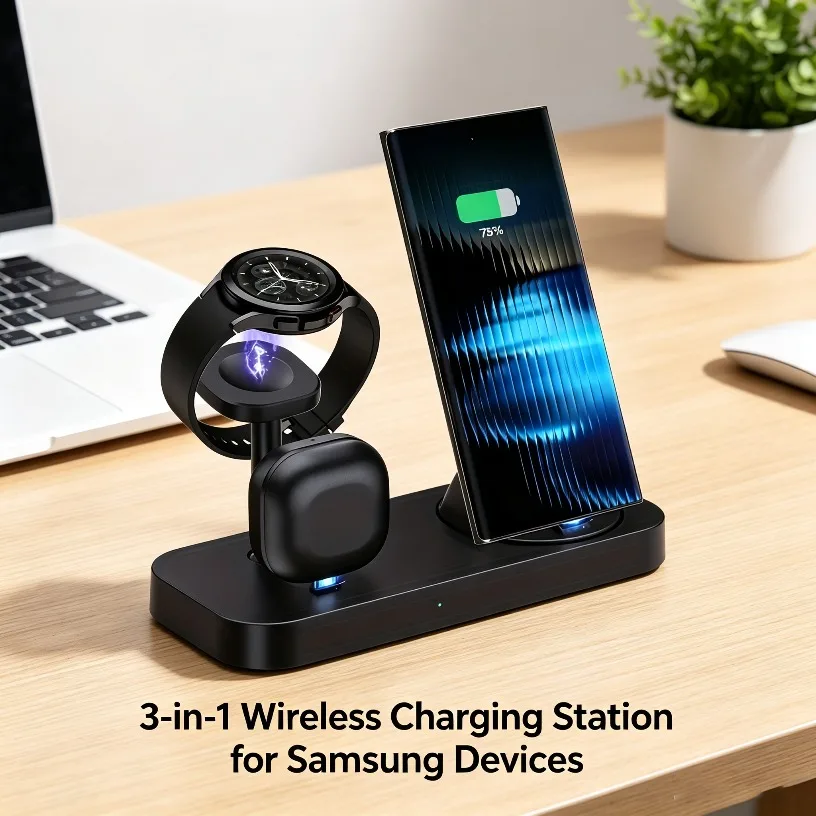 Dual Coil 3 in 1 Wireless Charging Stand Ventilation Hole Overheat Protection Wireless Charger for Samsung Phone Watch Earphones
Dual Coil 3 in 1 Wireless Charging Stand Ventilation Hole Overheat Protection Wireless Charger for Samsung Phone Watch Earphones