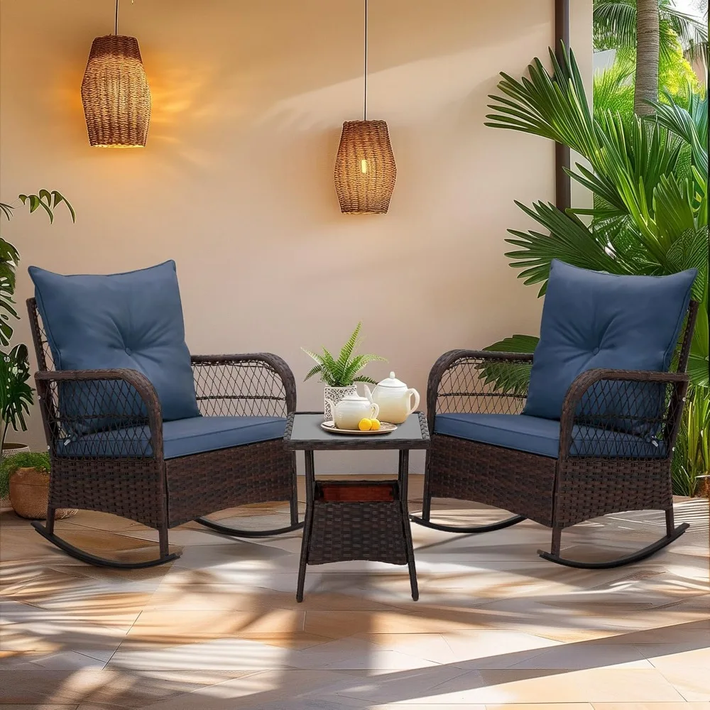 3 Piece Patio Set, Rocking Chair Outdoor with Thick Cushions and Glass Table for Balcony Front Porch Poolside Garden Deck, Blue
3 Piece Patio Set, Rocking Chair Outdoor with Thick Cushions and Glass Table for Balcony Front Porch Poolside Garden Deck, Blue