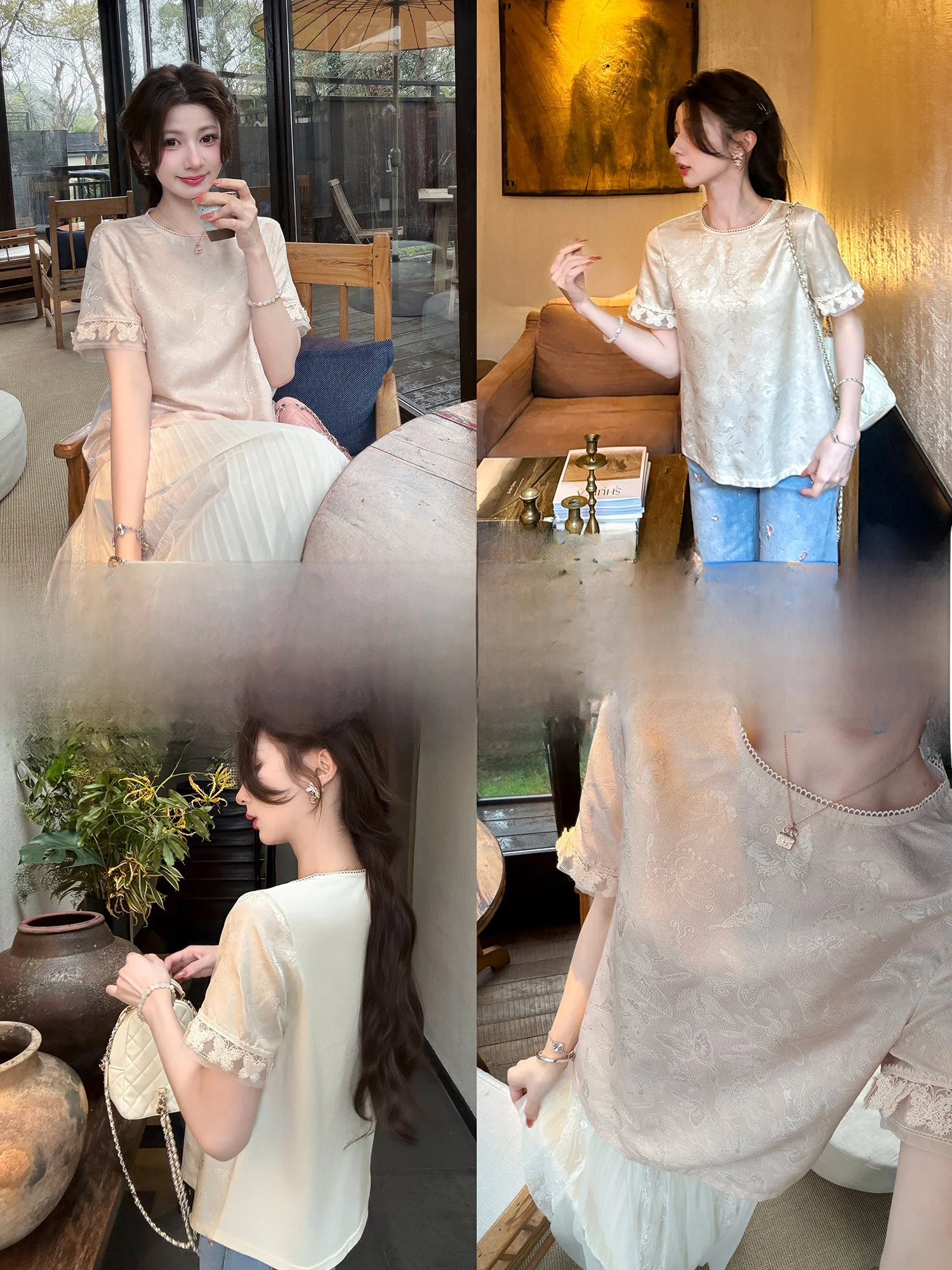Elegant Silk Short Sleeve T-Shirt Women's Spring Summer Floral Embroidery Lace Versatile Chinese Style round Neck Top
Elegant Silk Short Sleeve T-Shirt Women's Spring Summer Floral Embroidery Lace Versatile Chinese Style round Neck Top