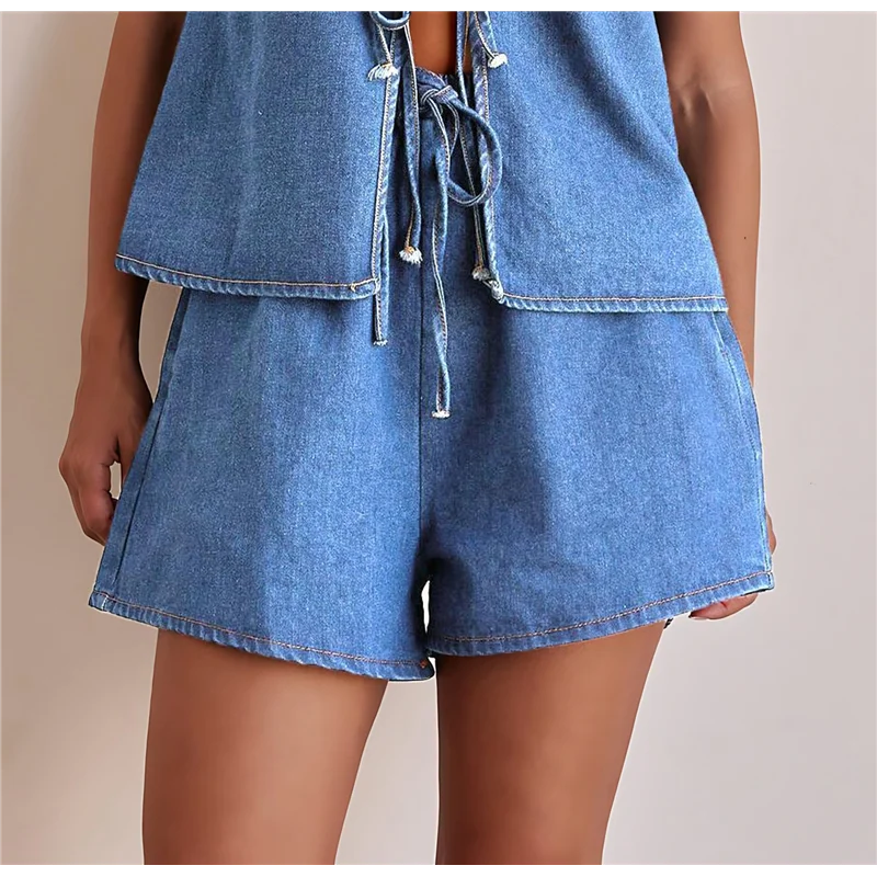 Женский топ с завязками спереди, комплект из двух предметов, джинсовый комплект, жилет без рукавов с глубоким v-образным вырезом, джинсовые шорты с эластичной резинкой на талии, комплекты 
Женский топ с завязками спереди, комплект из двух предметов, джинсовый комплект, жилет без рукавов с глубоким v-образным вырезом, джинсовые шорты с эластичной резинкой на талии, комплекты