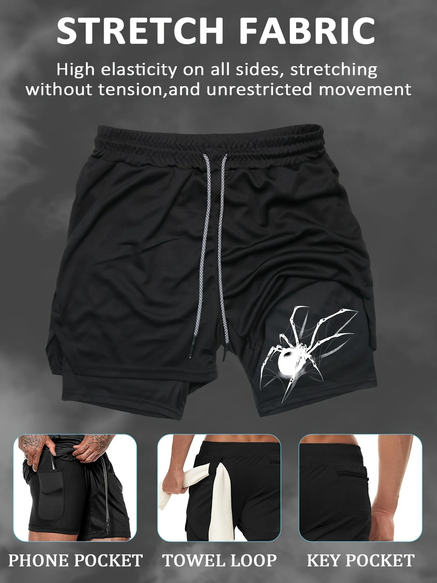 Mens Double-Layered Spider Print Athletic Running Shorts Quick-Dry Breathable Anti-Exposure with Phone Pocket Towel Sports Gym
Mens Double-Layered Spider Print Athletic Running Shorts Quick-Dry Breathable Anti-Exposure with Phone Pocket Towel Sports Gym