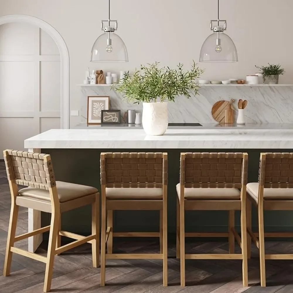 Mid-Century Modern Leather Bar Stool, Counter Height Chair in Solid Wood Frame with Footrest and Woven Leather Back for Kitchen
Mid-Century Modern Leather Bar Stool, Counter Height Chair in Solid Wood Frame with Footrest and Woven Leather Back for Kitchen