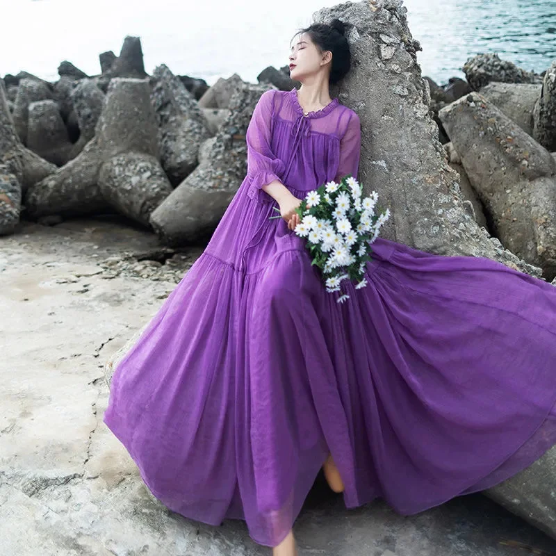 Purple Chiffon Dress For women Spring Summer 2025 New Loose Lantern sleeves Elegant Long Dress Tourist Temperament Dresses
Purple Chiffon Dress For women Spring Summer 2025 New Loose Lantern sleeves Elegant Long Dress Tourist Temperament Dresses