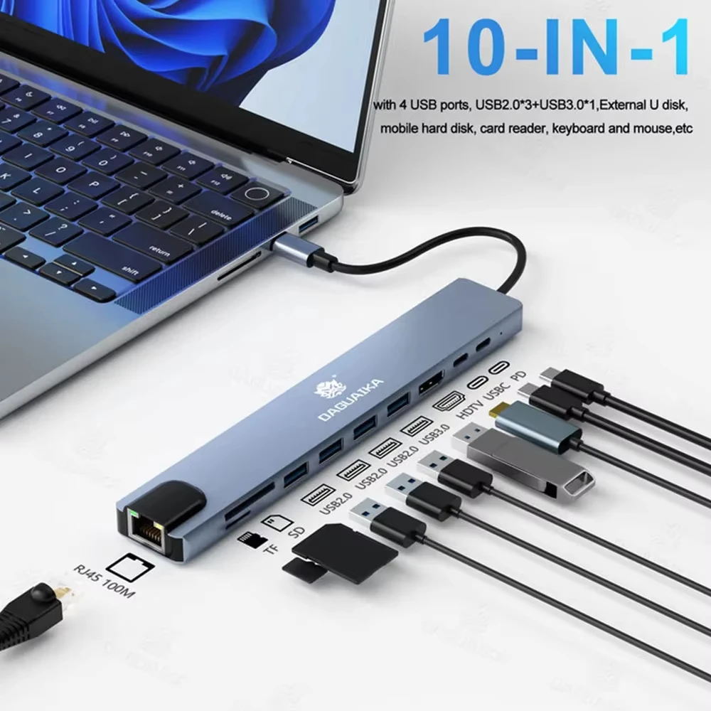 USB C HUB 10 in 1 4K30Hz Docking Station Type C to HDTV-Compatible RJ45 Ethernet PD100W for MacBook iPad Huawei Sumsang Phone
USB C HUB 10 in 1 4K30Hz Docking Station Type C to HDTV-Compatible RJ45 Ethernet PD100W for MacBook iPad Huawei Sumsang Phone