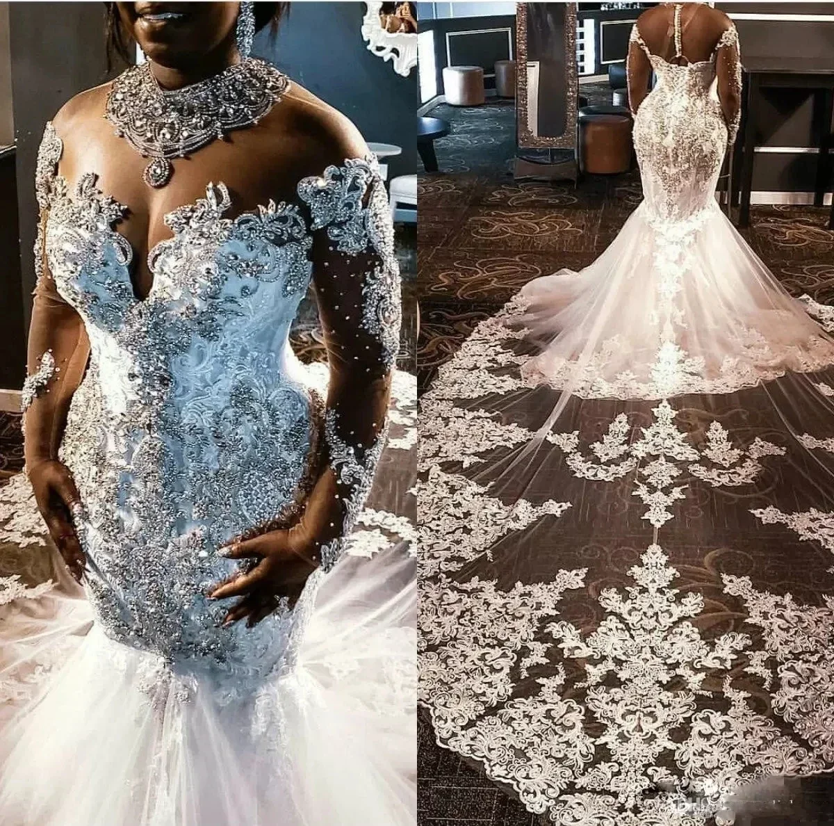 Customized African Mermaid Wedding Dresses Luxury Crystals Major Beading Vestidos De Long Sleeves Plus Size Dress Appliques Lace
Customized African Mermaid Wedding Dresses Luxury Crystals Major Beading Vestidos De Long Sleeves Plus Size Dress Appliques Lace