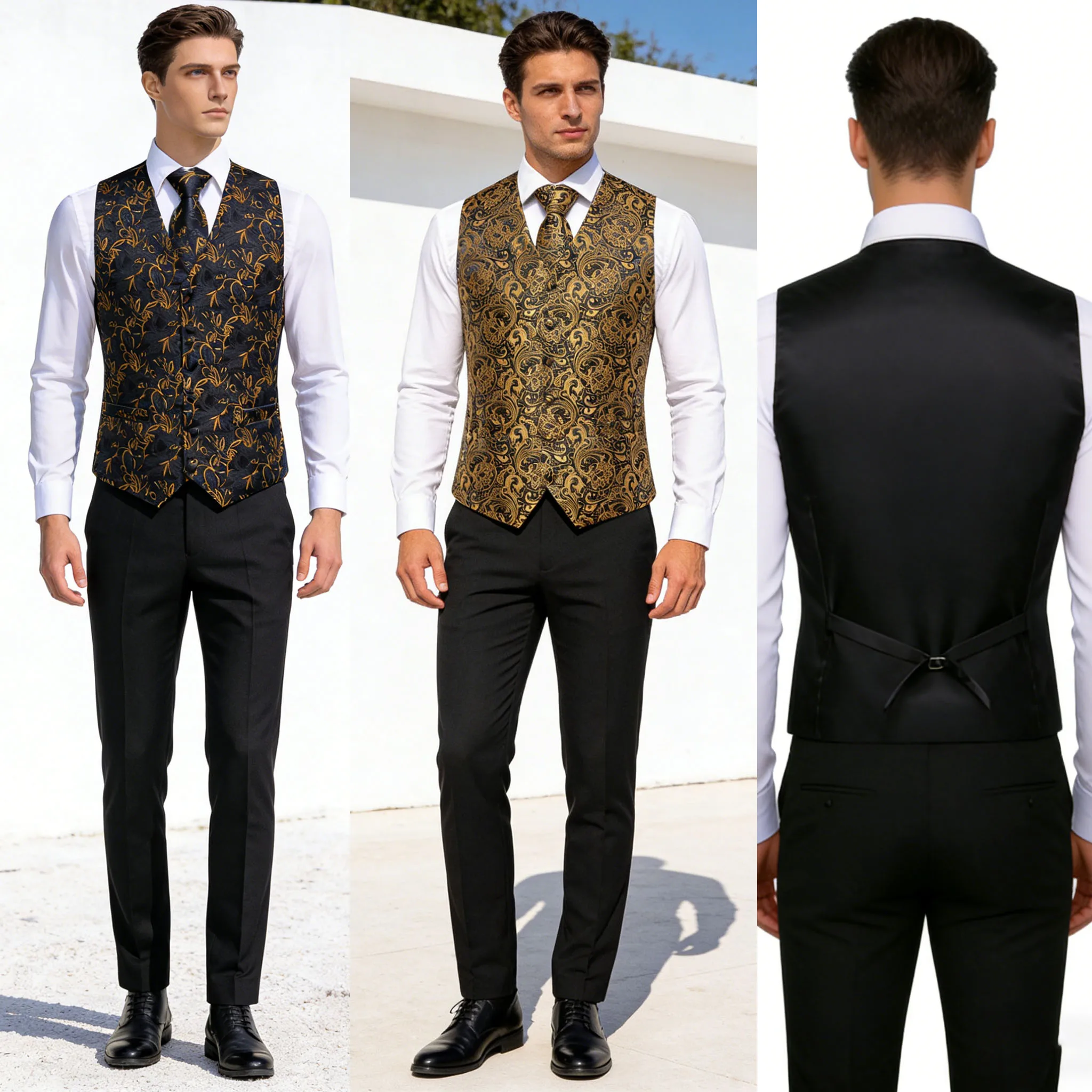 Luxury Mens Black Golden Vest Tie Hanky Cufflinks Set Jacquard Floral Suit Waistcoat Jacket Necktie for Male Wedding Busniess
Luxury Mens Black Golden Vest Tie Hanky Cufflinks Set Jacquard Floral Suit Waistcoat Jacket Necktie for Male Wedding Busniess