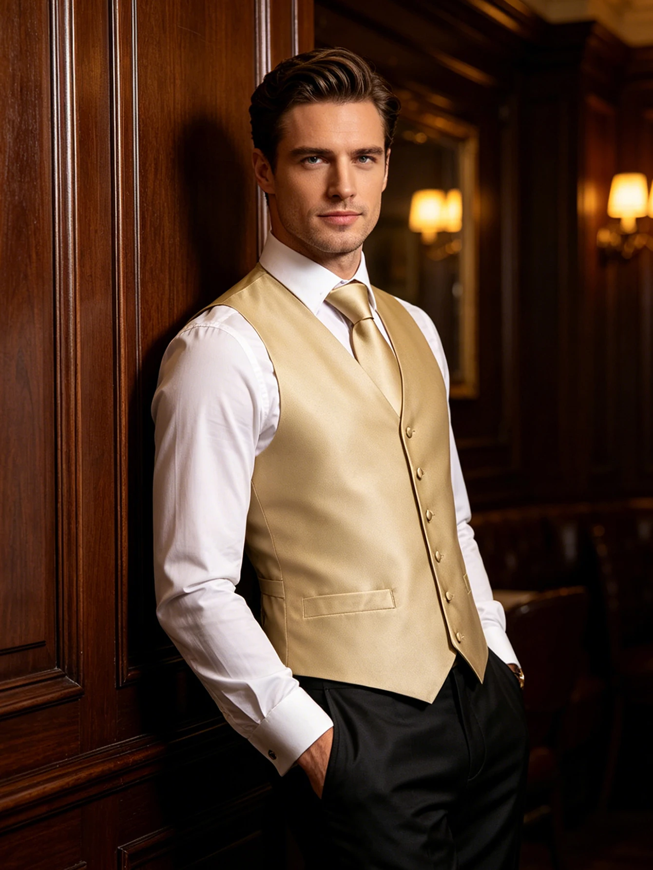 Matte Champagne Solid V-Neck Vest 4-In-1 Set Tie Square Cufflinks For Romantic Wedding Bridal Gala
Matte Champagne Solid V-Neck Vest 4-In-1 Set Tie Square Cufflinks For Romantic Wedding Bridal Gala