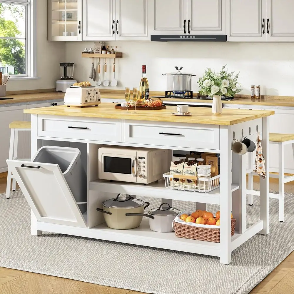 Kitchen Island with Storage and Seating Include 2 Bar Stools, 47" Solid Rubberwood Top Kitchen Island with Trash Can,Customized
Kitchen Island with Storage and Seating Include 2 Bar Stools, 47" Solid Rubberwood Top Kitchen Island with Trash Can,Customized