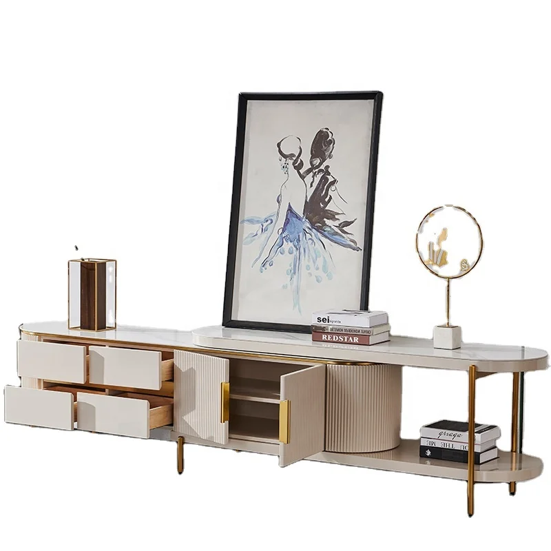 Comfortable style modern TV cabinet and coffee table with luxurious gold frame
Comfortable style modern TV cabinet and coffee table with luxurious gold frame