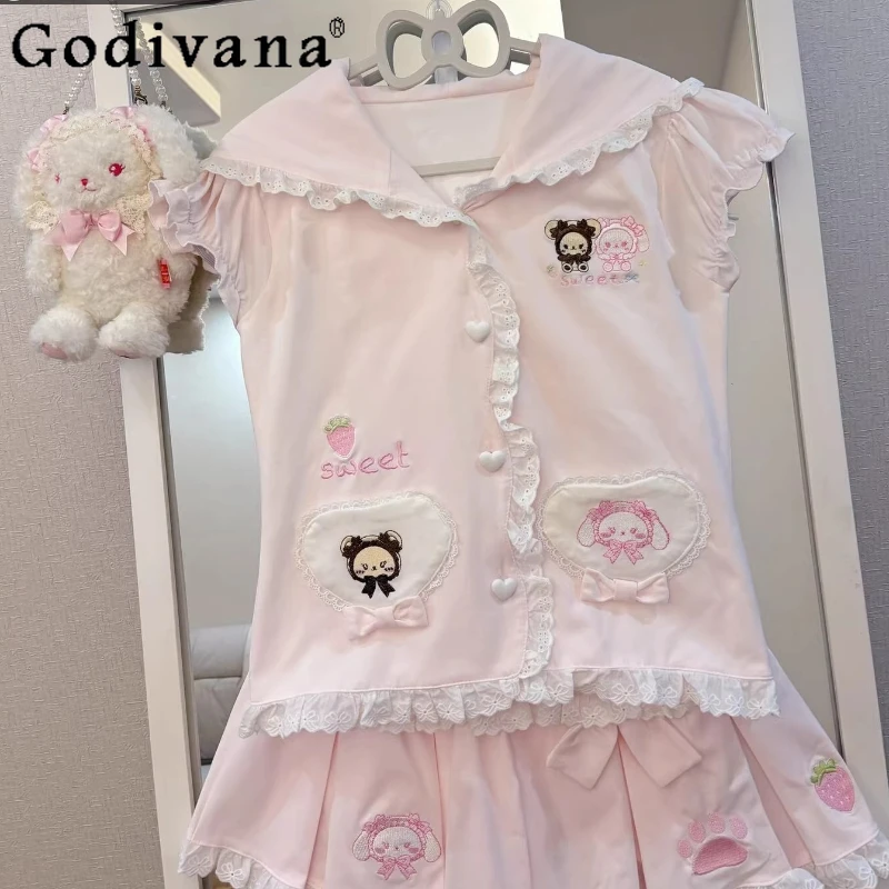 Original Japanese Kawaii Girls Skirt Set Summer New Cute Cartoon Embroidered Hooded Short Sleeve Top Skirt 2-piece Set Women
Original Japanese Kawaii Girls Skirt Set Summer New Cute Cartoon Embroidered Hooded Short Sleeve Top Skirt 2-piece Set Women