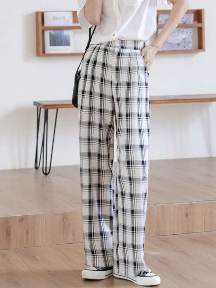 Casual Plaid Women Bottoms Pants Korean Loose High Waist Straight Wide Leg Pants Black White Summer 2022 New
Casual Plaid Women Bottoms Pants Korean Loose High Waist Straight Wide Leg Pants Black White Summer 2022 New