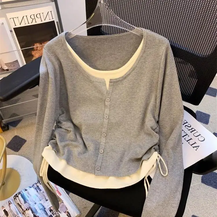 plus Size Women's Long Sleeve Drawstring Pure Color Fake Two-Piece Top Korean Style Slim Fit Autumn Spring Fashion Casual Wear
plus Size Women's Long Sleeve Drawstring Pure Color Fake Two-Piece Top Korean Style Slim Fit Autumn Spring Fashion Casual Wear