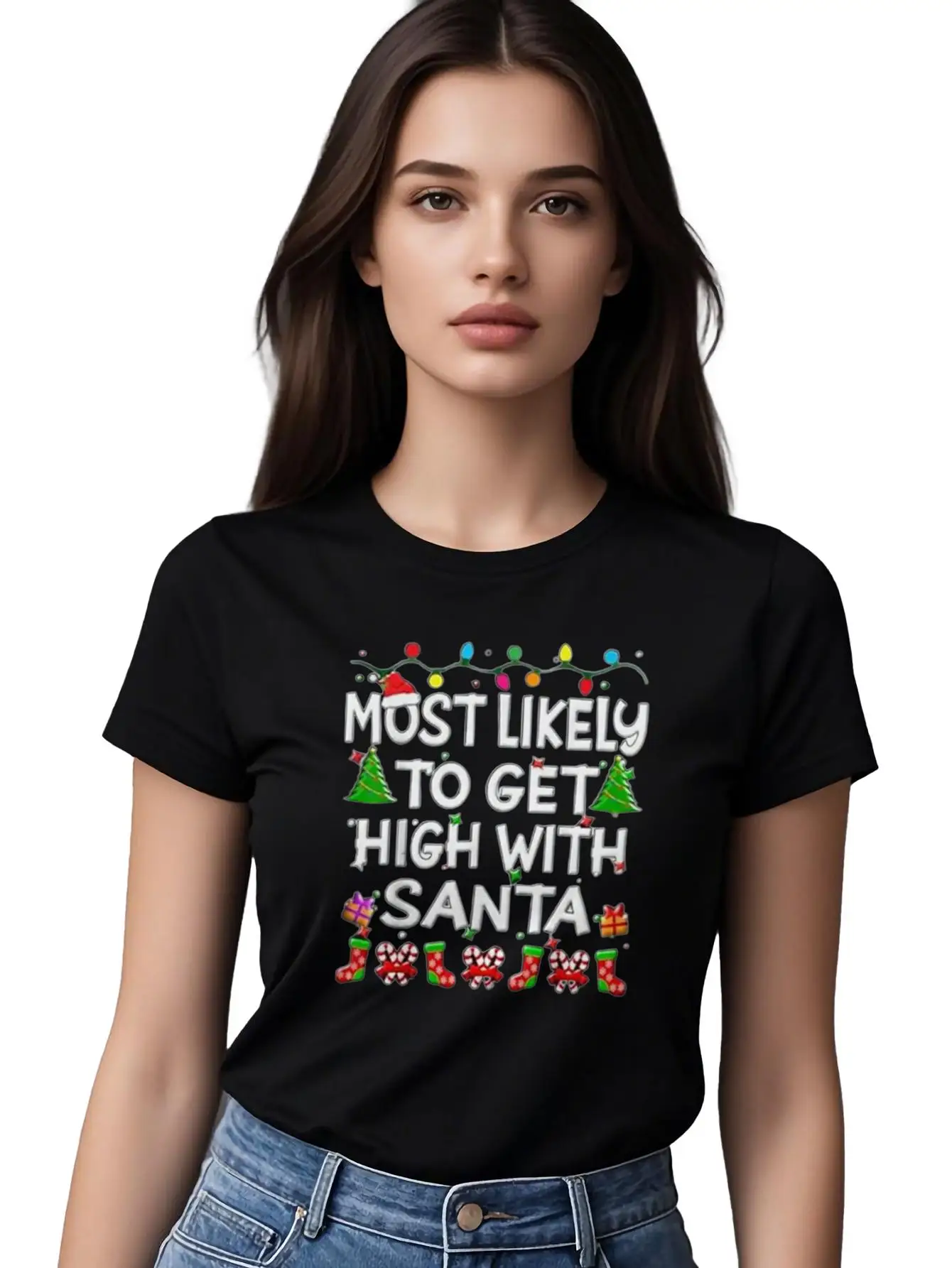 Lady's Round Neck 180g Cotton T-shirt Featuring "most Likely To Get high with Santa" Design For Spring Summer Collection
Lady's Round Neck 180g Cotton T-shirt Featuring "most Likely To Get high with Santa" Design For Spring Summer Collection