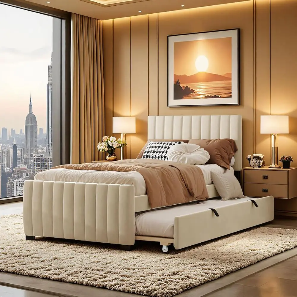 Ball & Cast Twin Size Upholstered Platorm Bed with Pull Out Trundle,Wooden Bede W/Striped board,Cute Design,No Box Spring Requir
Ball & Cast Twin Size Upholstered Platorm Bed with Pull Out Trundle,Wooden Bede W/Striped board,Cute Design,No Box Spring Requir