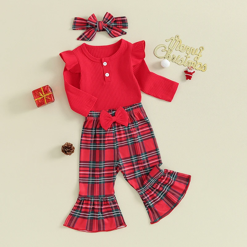 Baby Girl Romper Pant Set Christmas Outfit Long Sleeve Ribbed Red Bodysuit Plaid Bell Bottom Pant Headaband 3pcs
Baby Girl Romper Pant Set Christmas Outfit Long Sleeve Ribbed Red Bodysuit Plaid Bell Bottom Pant Headaband 3pcs