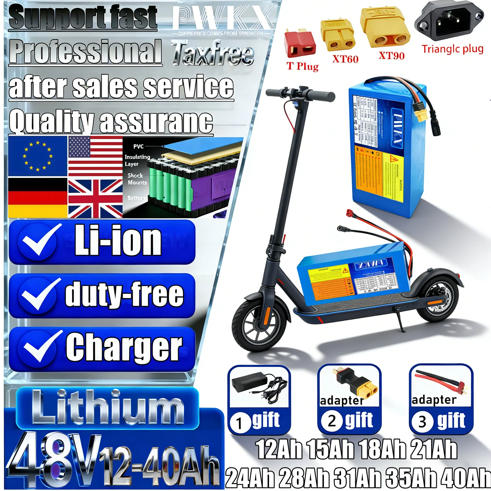 New 48V 40Ah 35Ah 31Ah 21Ah 18Ah 15Ah 28Ah 24Ah Lithium battery pack 2000W High Power For Electric motorcycle scooter With BMS
New 48V 40Ah 35Ah 31Ah 21Ah 18Ah 15Ah 28Ah 24Ah Lithium battery pack 2000W High Power For Electric motorcycle scooter With BMS