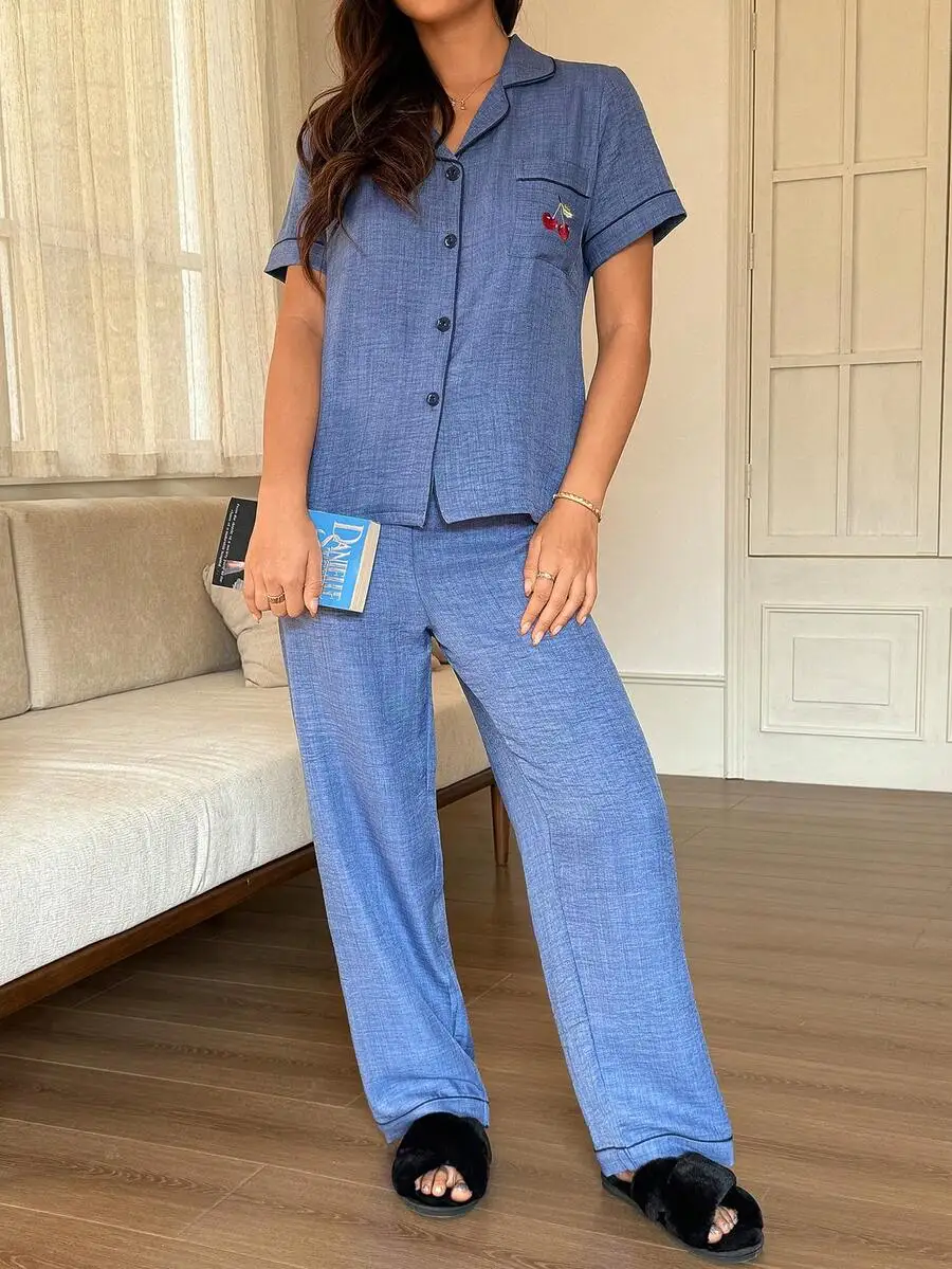 Women Blue Short Sleeve Pajama Set With Cherry Embroidery Pocket
Women Blue Short Sleeve Pajama Set With Cherry Embroidery Pocket