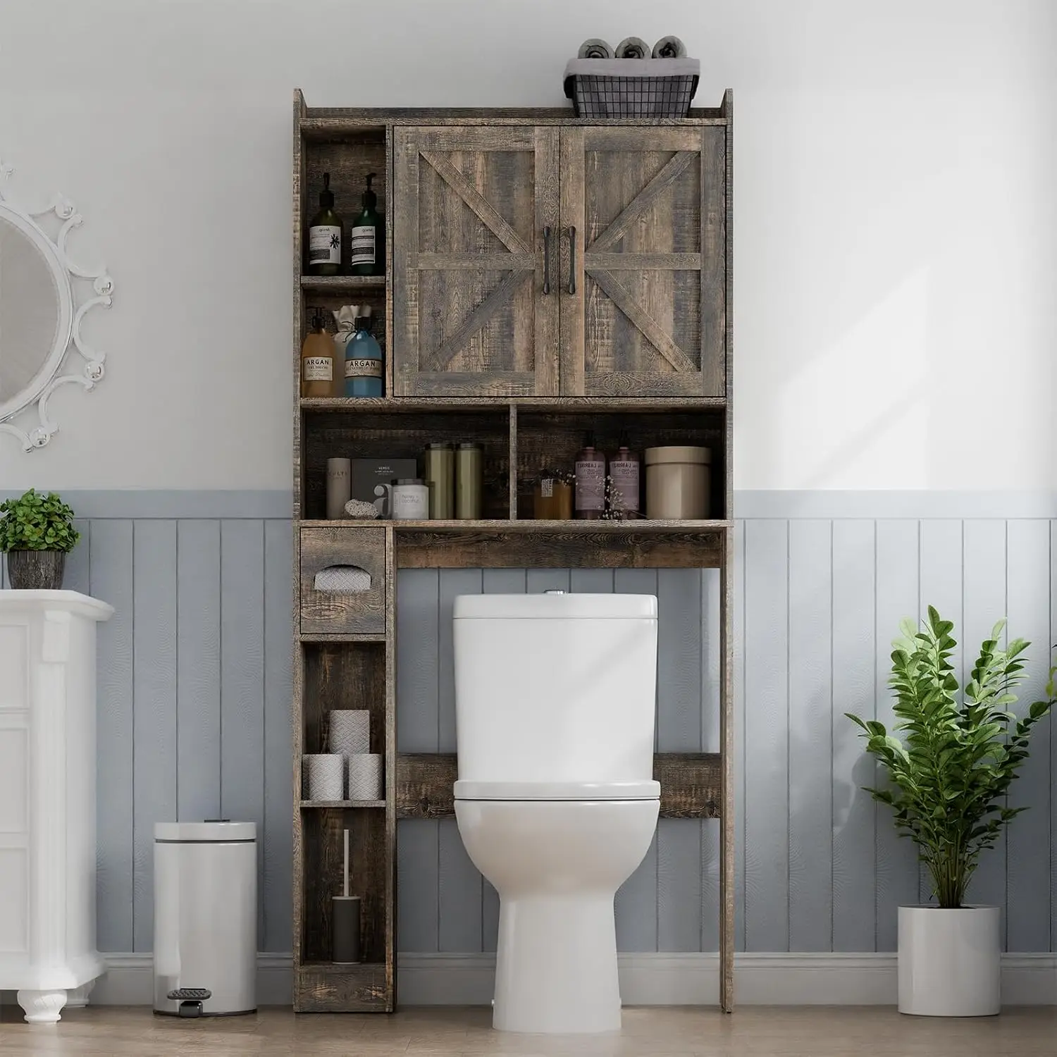 Over The Toilet Storage Cabinet, Farmhouse Cabinet with 2 Barn Doors & Toilet Paper Holder Stand, Space-Saving Toilet Rack
Over The Toilet Storage Cabinet, Farmhouse Cabinet with 2 Barn Doors & Toilet Paper Holder Stand, Space-Saving Toilet Rack