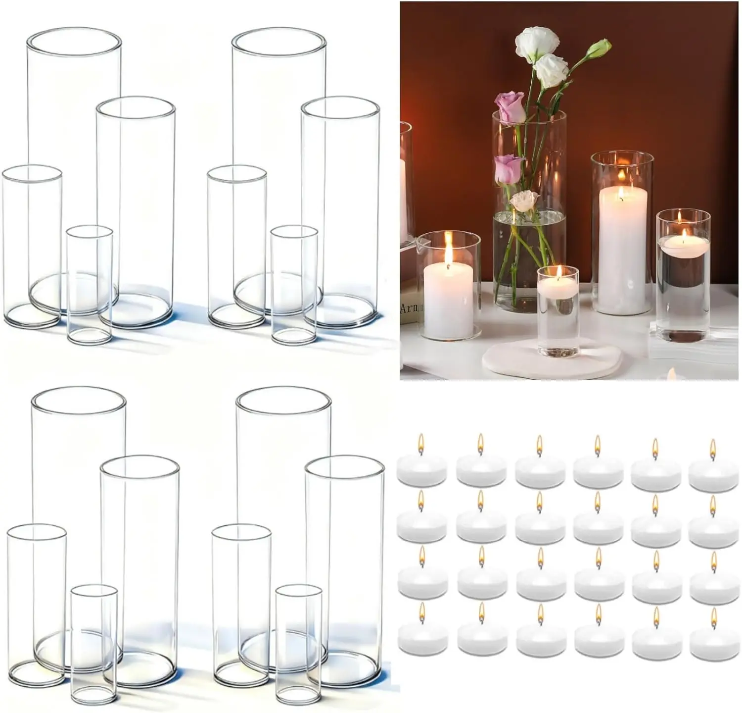 16 Clear Glass Cylinder Vases 4-10 Inch with 24 Floating Candles for Wedding Centerpiece Table Decor
16 Clear Glass Cylinder Vases 4-10 Inch with 24 Floating Candles for Wedding Centerpiece Table Decor