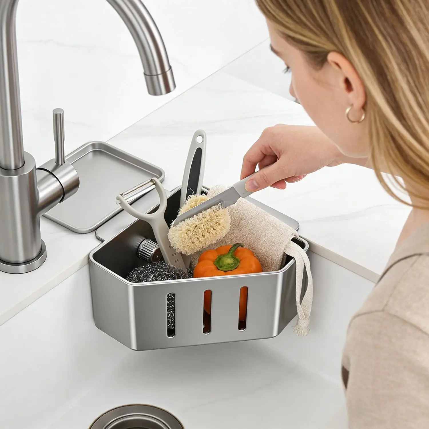 Sink Caddy for Kitchen Sink Kitchen Organizer Sponge Holder with self-Adhesive Suction Cups for Sponge Soap Dish Brush Scrubber
Sink Caddy for Kitchen Sink Kitchen Organizer Sponge Holder with self-Adhesive Suction Cups for Sponge Soap Dish Brush Scrubber