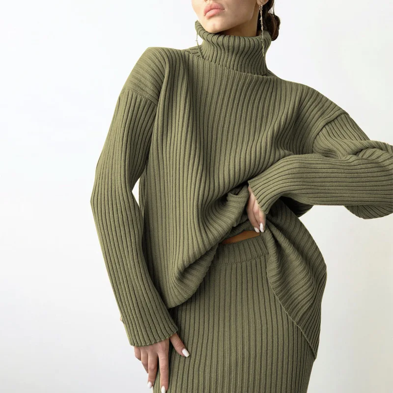 High Collar Sweater And Skirt Set Women's Loose Warm Overhead Striped Knitwear Two Piece Set Casual Sle Winter Collection
High Collar Sweater And Skirt Set Women's Loose Warm Overhead Striped Knitwear Two Piece Set Casual Sle Winter Collection