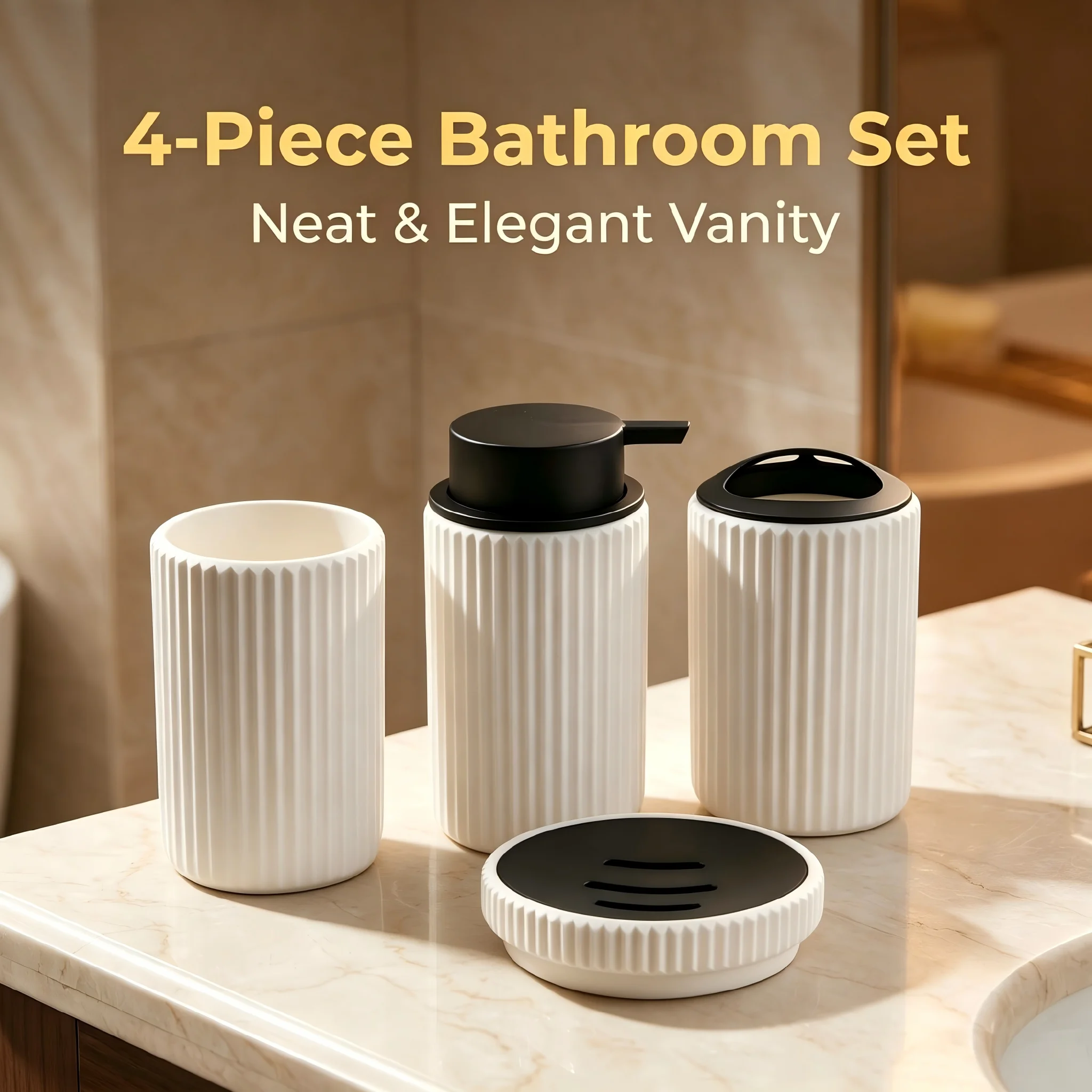 Minimalist Style White Accordion Pleat Striped Soap Bottle Toothbrush Holder Mouthwash Cup Bathroom Countertop Storage Accessory
Minimalist Style White Accordion Pleat Striped Soap Bottle Toothbrush Holder Mouthwash Cup Bathroom Countertop Storage Accessory