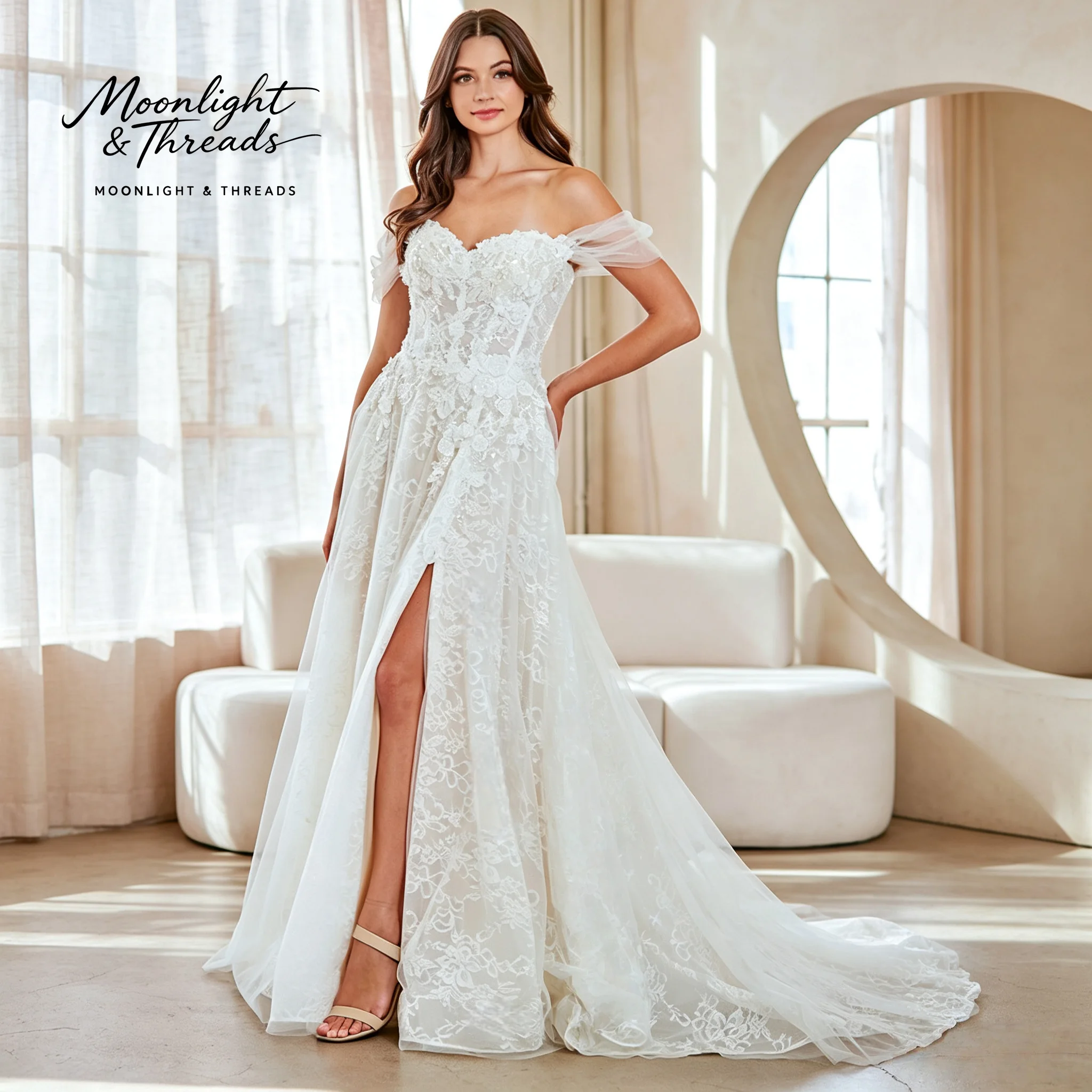 White lace off-the-shoulder strapless sleeveless A-line formal wedding gown featuring a slit skirt and internal boning
White lace off-the-shoulder strapless sleeveless A-line formal wedding gown featuring a slit skirt and internal boning