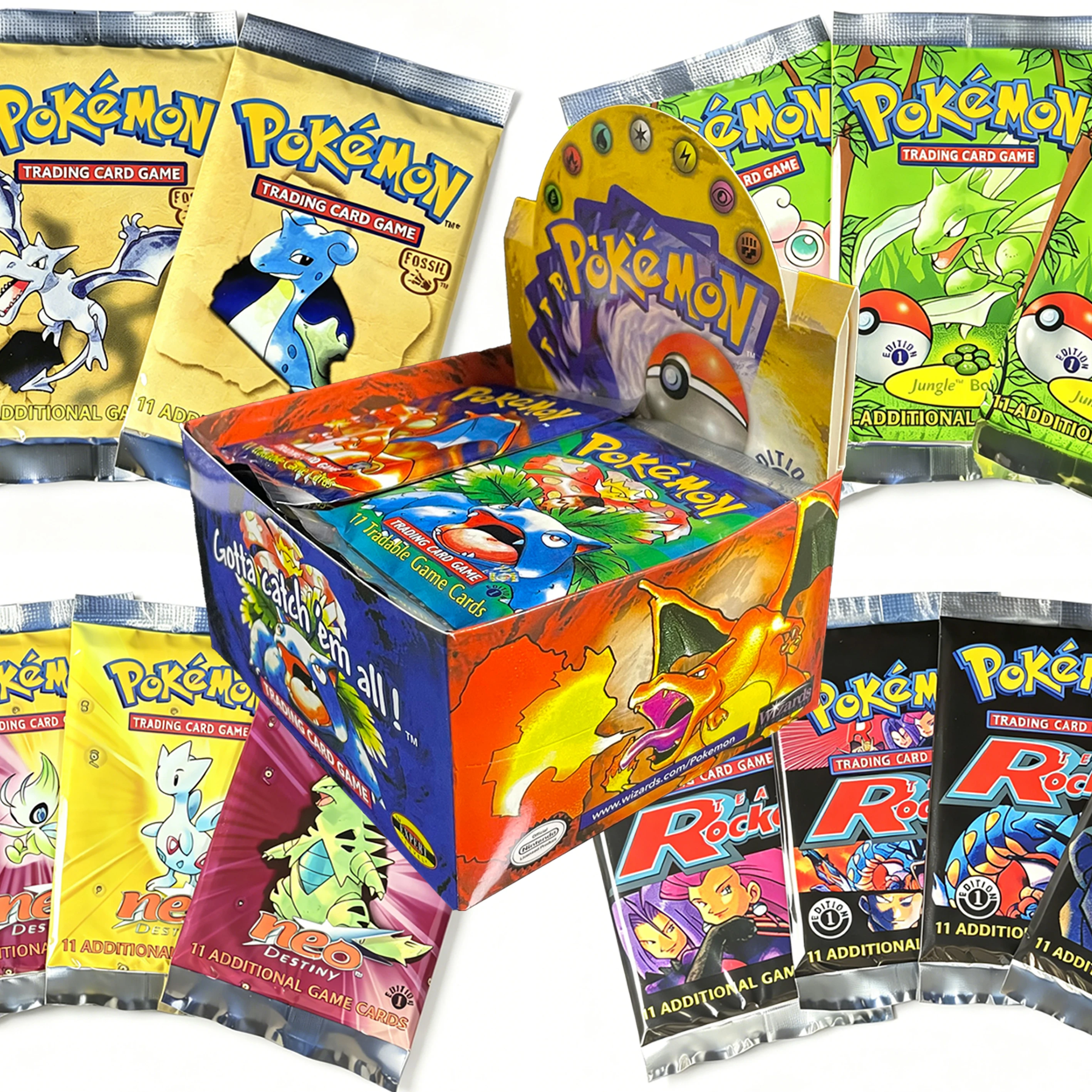 Vintage PKM Tcg Booster Box & Packs Base-Jungle-Fossil-Rocket-Destiny 1ST EDITION Full Art Reproduction Trading Card Game Sealed
Vintage PKM Tcg Booster Box & Packs Base-Jungle-Fossil-Rocket-Destiny 1ST EDITION Full Art Reproduction Trading Card Game Sealed