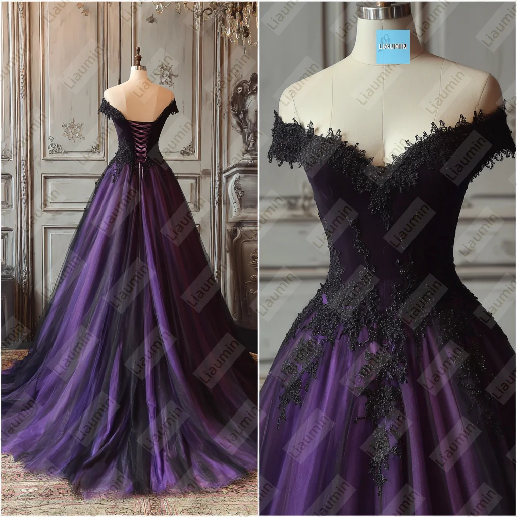 Purple and Black Lace Applique Off The Shoulder Evening Prom Wedding Formal Dress Lace-up Back Customized Hand Made A7-1.66 
Purple and Black Lace Applique Off The Shoulder Evening Prom Wedding Formal Dress Lace-up Back Customized Hand Made A7-1.66