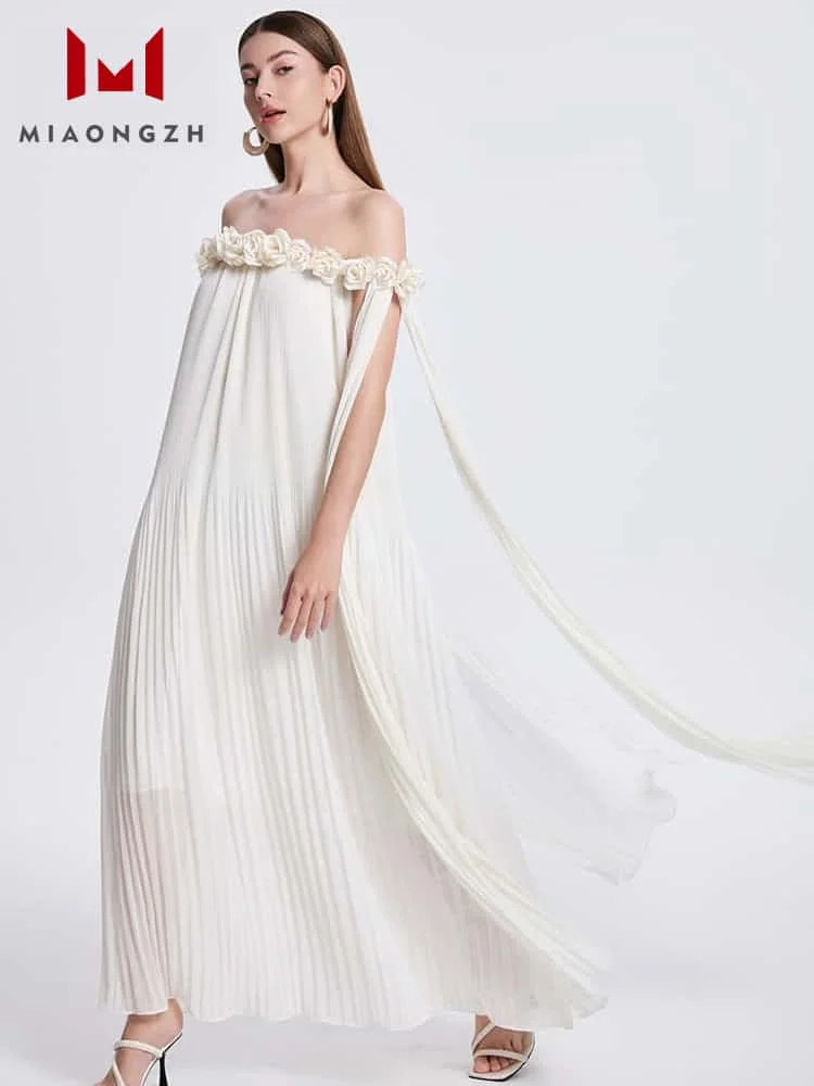 Fashion 3D Floral Loose For Women Elegant Dresses Slash Neck Off Shoulder Backless Folds Chiffon Temperament Female Party Dress
Fashion 3D Floral Loose For Women Elegant Dresses Slash Neck Off Shoulder Backless Folds Chiffon Temperament Female Party Dress