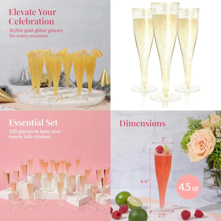 100 Gold Plastic Champagne Flutes - 4.5 oz Disposable Champagne Glasses for Toasting at Weddings, Mimosas, Cocktails, Great Gat
100 Gold Plastic Champagne Flutes - 4.5 oz Disposable Champagne Glasses for Toasting at Weddings, Mimosas, Cocktails, Great Gat