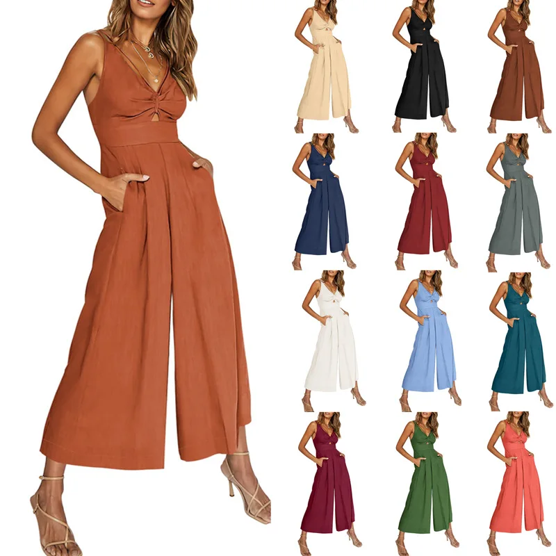 Women Sexy Backless V Neck Hollow Sleeveless Elegant Wide Leg Jumpsuit 2023 Summer Fashion Solid Slim Pockets High Waist Rompers
Women Sexy Backless V Neck Hollow Sleeveless Elegant Wide Leg Jumpsuit 2023 Summer Fashion Solid Slim Pockets High Waist Rompers