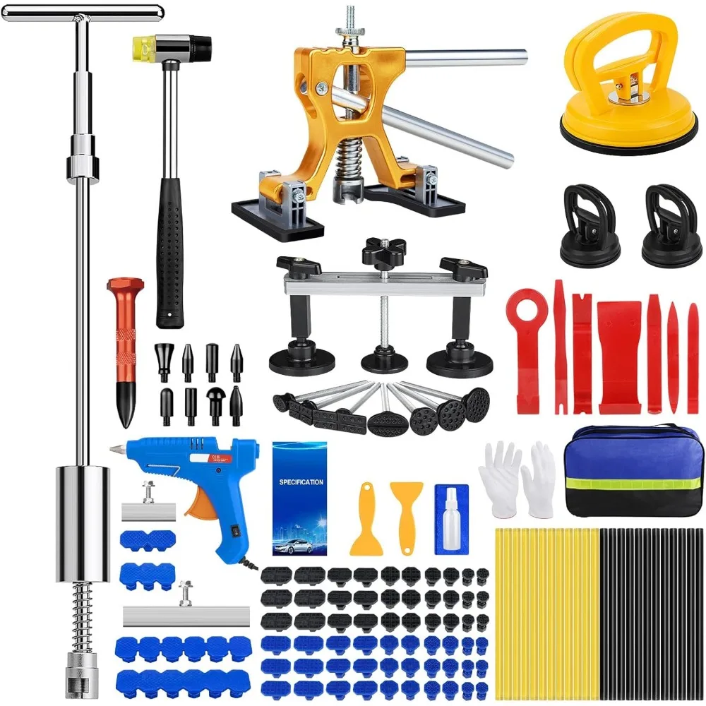 135pcs Paintless Dent Repair Kit with Golden Lifter, Bridge Puller, Slide Hammer for Car and Refrigerator Door Ding Removal
135pcs Paintless Dent Repair Kit with Golden Lifter, Bridge Puller, Slide Hammer for Car and Refrigerator Door Ding Removal